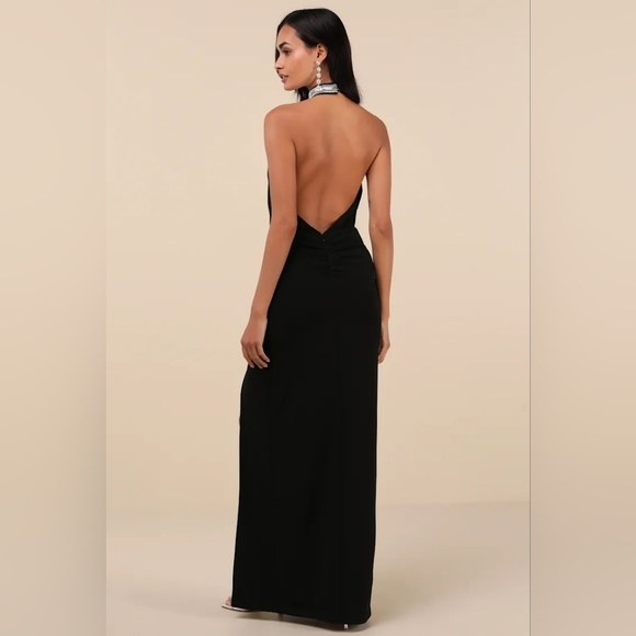 Lulus Immaculate Class Black Rhinestone Halter Maxi Dress XL Wedding Formal - Picture 5 of 11